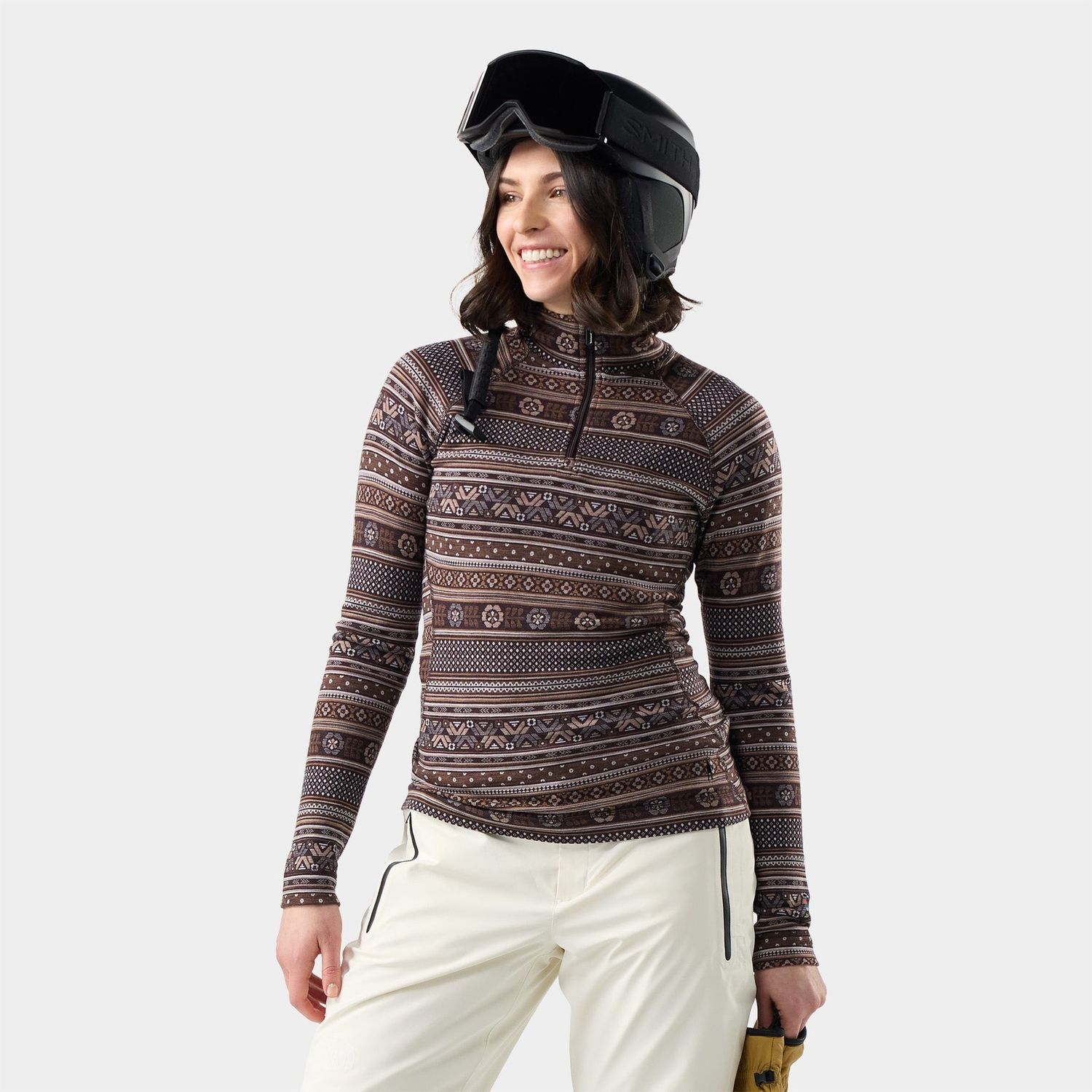 Smartwool Women's Classic Thermal Merino Base Layer 1/4 Zip, Color: Mocha Fair Isle Fun, Size: L