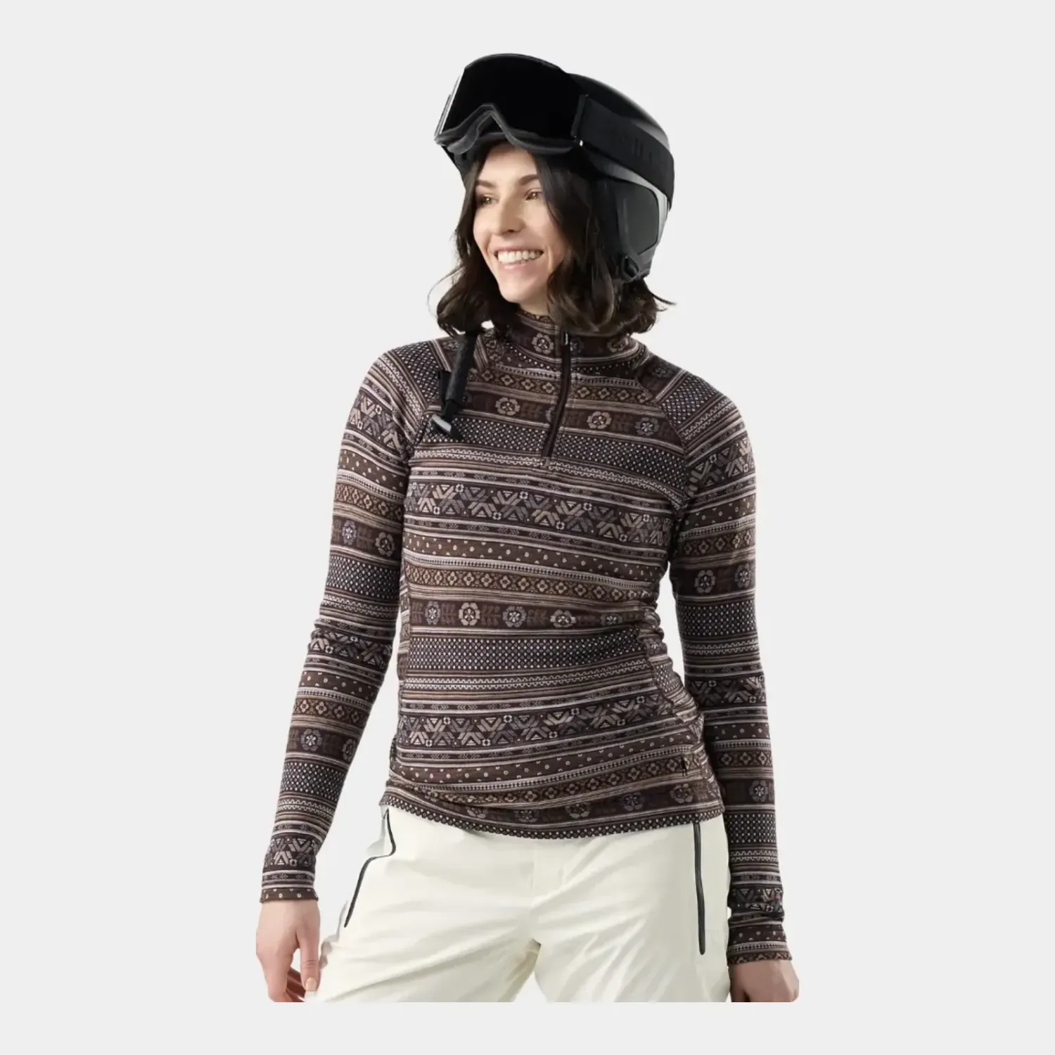 Smartwool Women's Classic Thermal Merino Base Layer 1/4 Zip, Color: Mocha Fair Isle Fun, Size: L