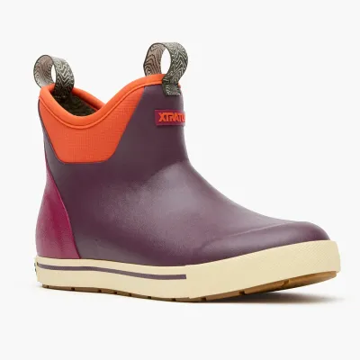 XTRATUF Women's Camp Fleece Lined Ankle Deck Boot in Fig Neon Flare, front view