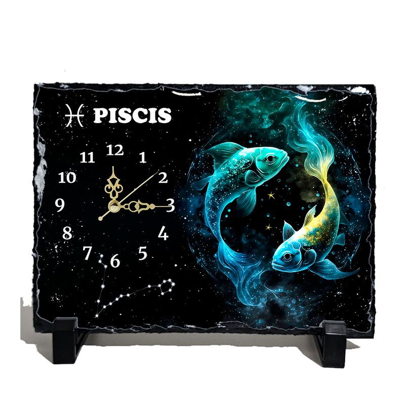 Reloj signo Piscis en pizarra