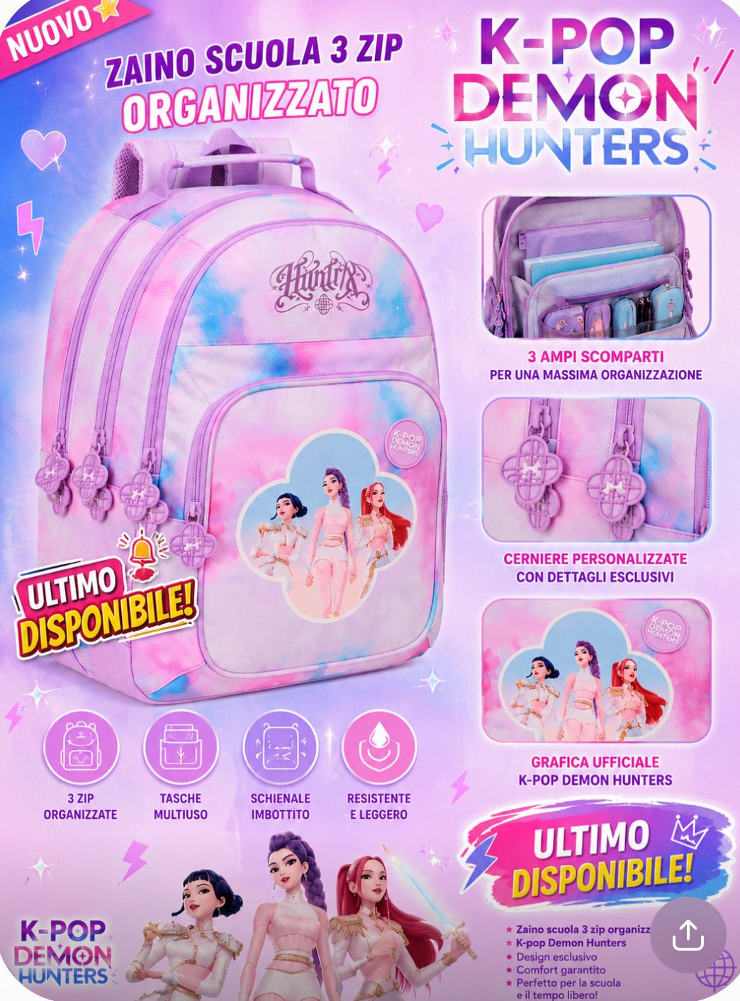Zaino 3 zip organizzato K-pop Demon Hunters