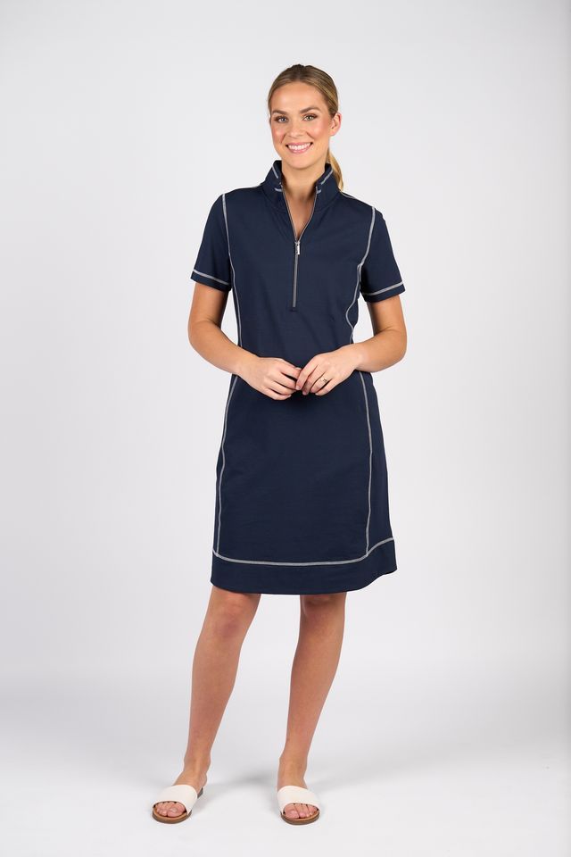 Short Sleeve Contrast Stitch Knit Dress with Zip Front Neck - 6104