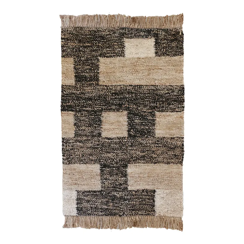 Black &amp; Natural Geometric Block 80% Jute Kilim Rug 120x180