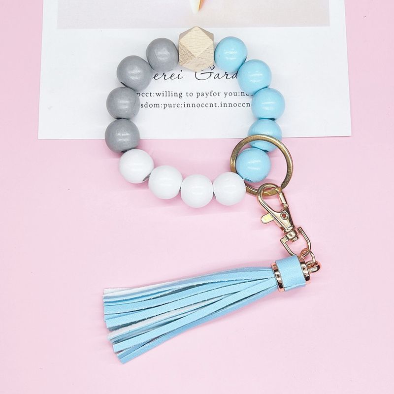 Tassel Wooden Beaded Keychain Light Blue
