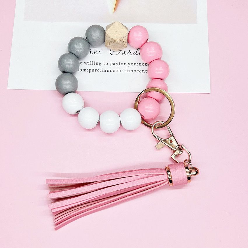 Tassel Wooden Beaded Keychain Pink
