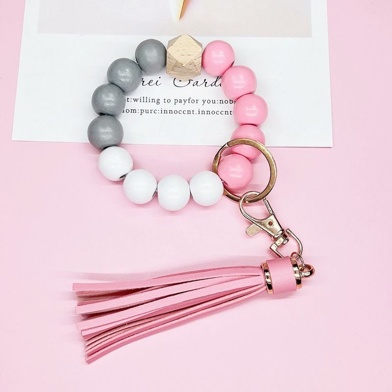 Tassel Wooden Beaded Keychain Pink