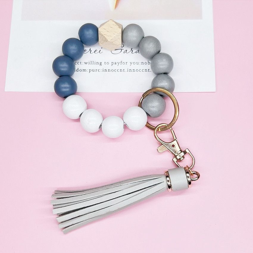 Tassel Wooden Beaded Keychain Blue Grey