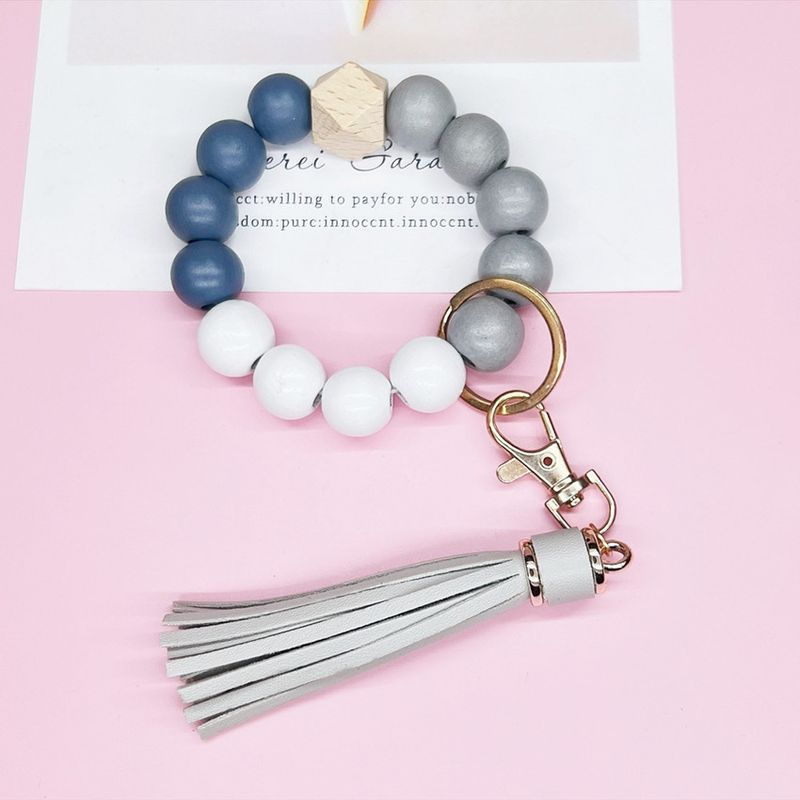 Tassel Wooden Beaded Keychain Blue Grey