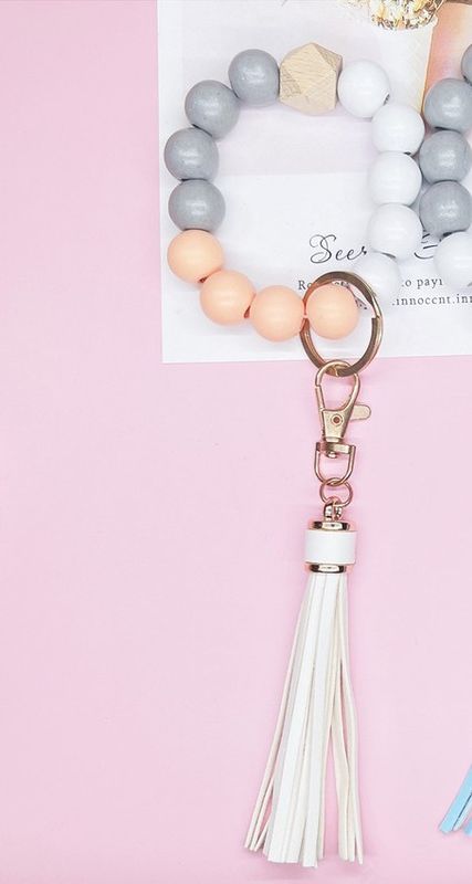 Tassel Wooden Beaded Keychain Peach