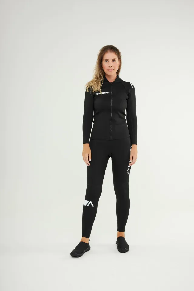 Woman wearing Johnn Brava neoprene 1.0mm slim wetsuit jacket