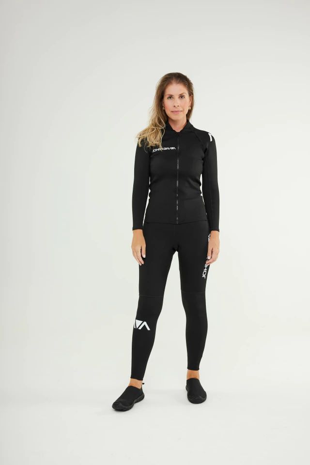Woman wearing Johnn Brava neoprene 1.0mm slim wetsuit jacket
