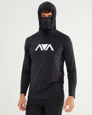 Men's Black Lycra Hooded Top with Face Mask — UPF 50+