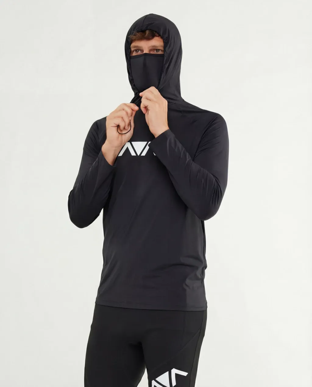 Men's Black Lycra Hooded Top with Face Mask - UPF 50+