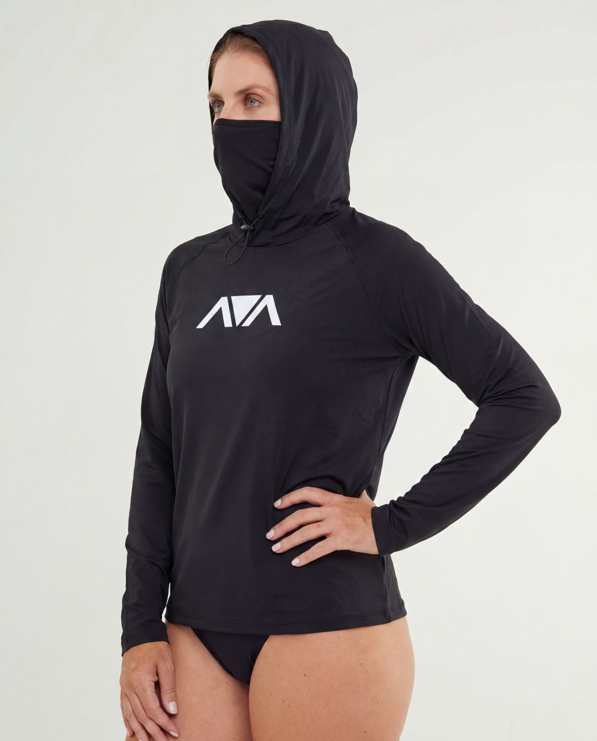 Women's Black Lycra Hooded Top with Face Mask - UPF 50+