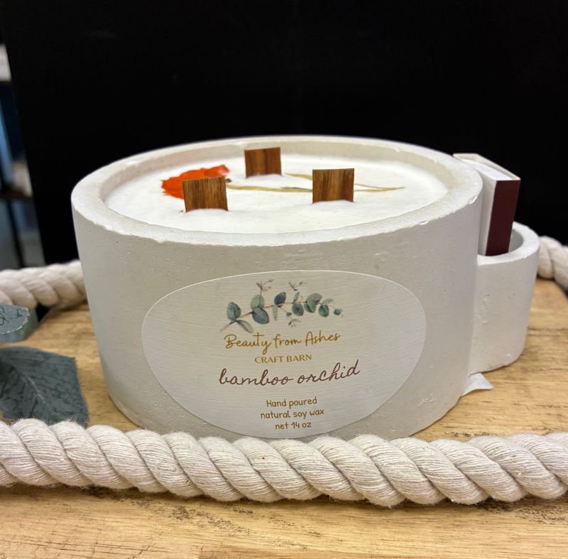 14 oz Round W/Matches, Bamboo Orchid,  White