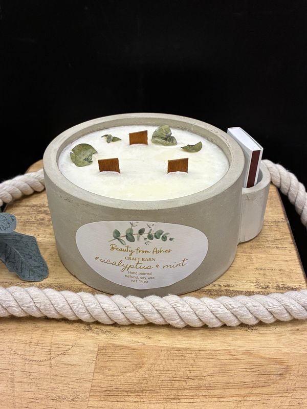14 Oz Eucalyptus & Mint Round Gray Conc, W/ Matches