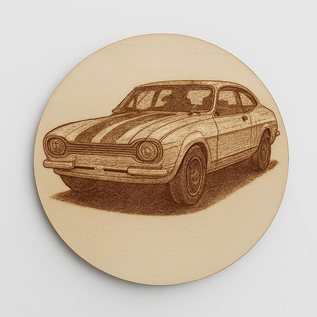 Engraved Basswood Coaster Classic Ford Escort Design