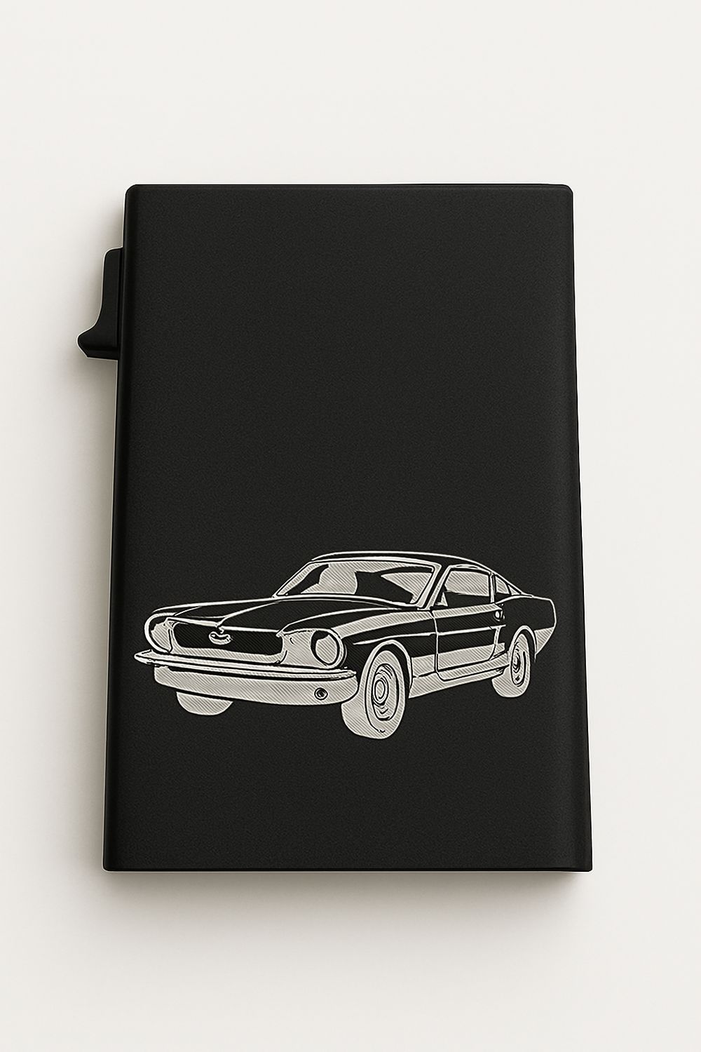 Engraved black metal RFID wallet with Ford Mustang design