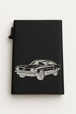 Engraved black metal RFID wallet with Ford Mustang design