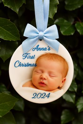 Custom ceramic hanging ornament featuring your uploaded photo and optional text, finished with a colour‑matched satin ribbon.