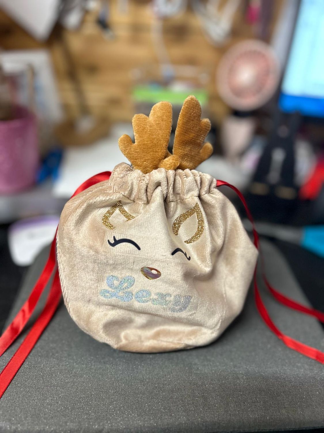 Personalised Velvet Reindeer Gift Bag - Any Name