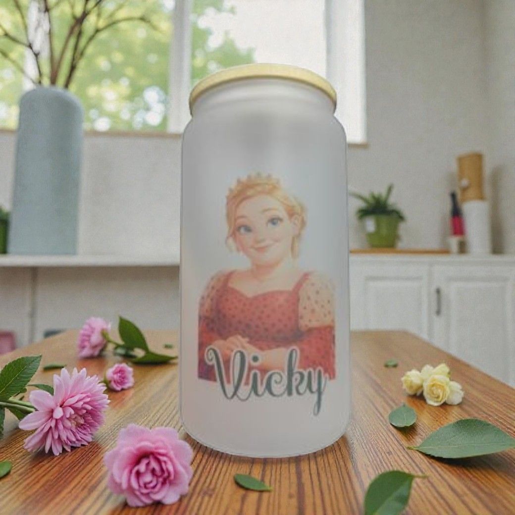 Frosted glass tumbler with bamboo lid and reusable straw featuring a custom avatar design personalised with any name &amp; photo