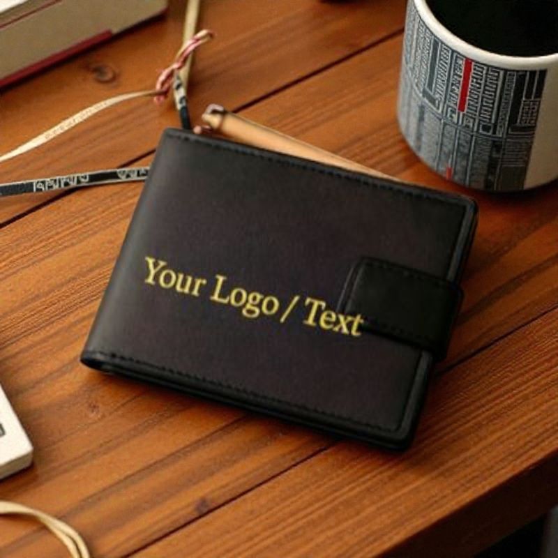 🖤 Engraved Black Leather Wallet – Custom Text & Logo