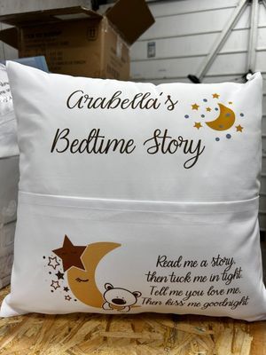 Personalised Bedtime Story Pillow Slip with Cushion & Book Pocket – Add Any Name Personalised bedtime story pillow with child’s name, book pocket, and moon, stars, and teddy design