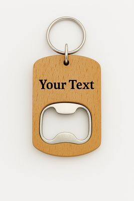 Engraved wooden bottle opener keyring with custom text on a compact wood block design double sided engraving