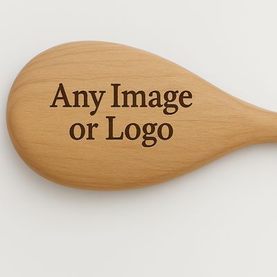 Personalised wooden spoon engraved with custom text or uploaded logo, crafted from smooth natural wood