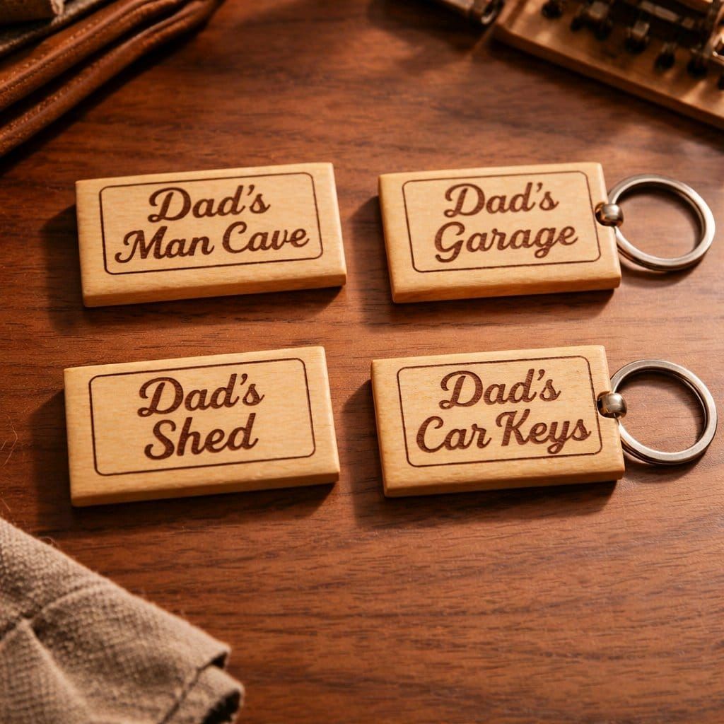 Personalised engraved wooden keyrings featuring Dad's Man Cave, Dad's Garage, Dad's Shed and Dad's Car Keys — Customised 
