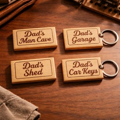 Wooden Keyring (Personalised Engraved Text) Personalised engraved wooden keyrings featuring Dad's Man Cave, Dad's Garage, Dad's Shed and Dad's Car Keys — Customised
