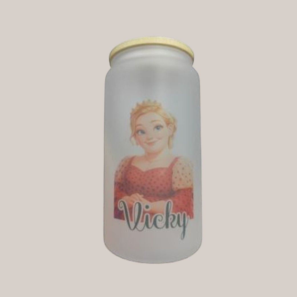 Frosted glass tumbler with bamboo lid and reusable straw featuring a custom avatar design personalised with any name &amp; photo