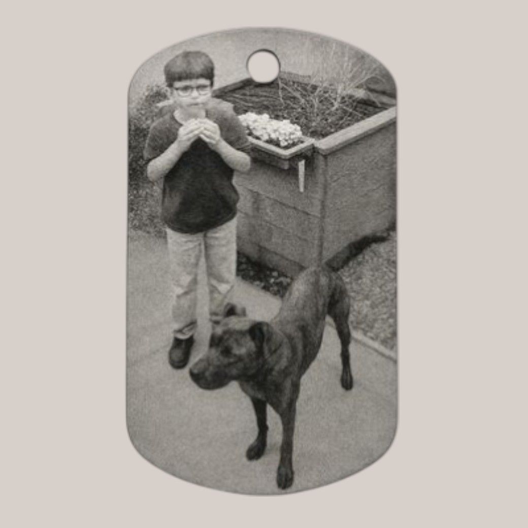 Personalised anodised aluminium tag with custom engraving for pets, keys, or keepsakes