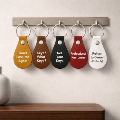 Personalised Engraved Leather Keyring – Custom Name or Message Gift Five leather teardrop keyrings in mustard, brown, black, red, and white engraved with funny quotes like “Don’t Lose Me Again
