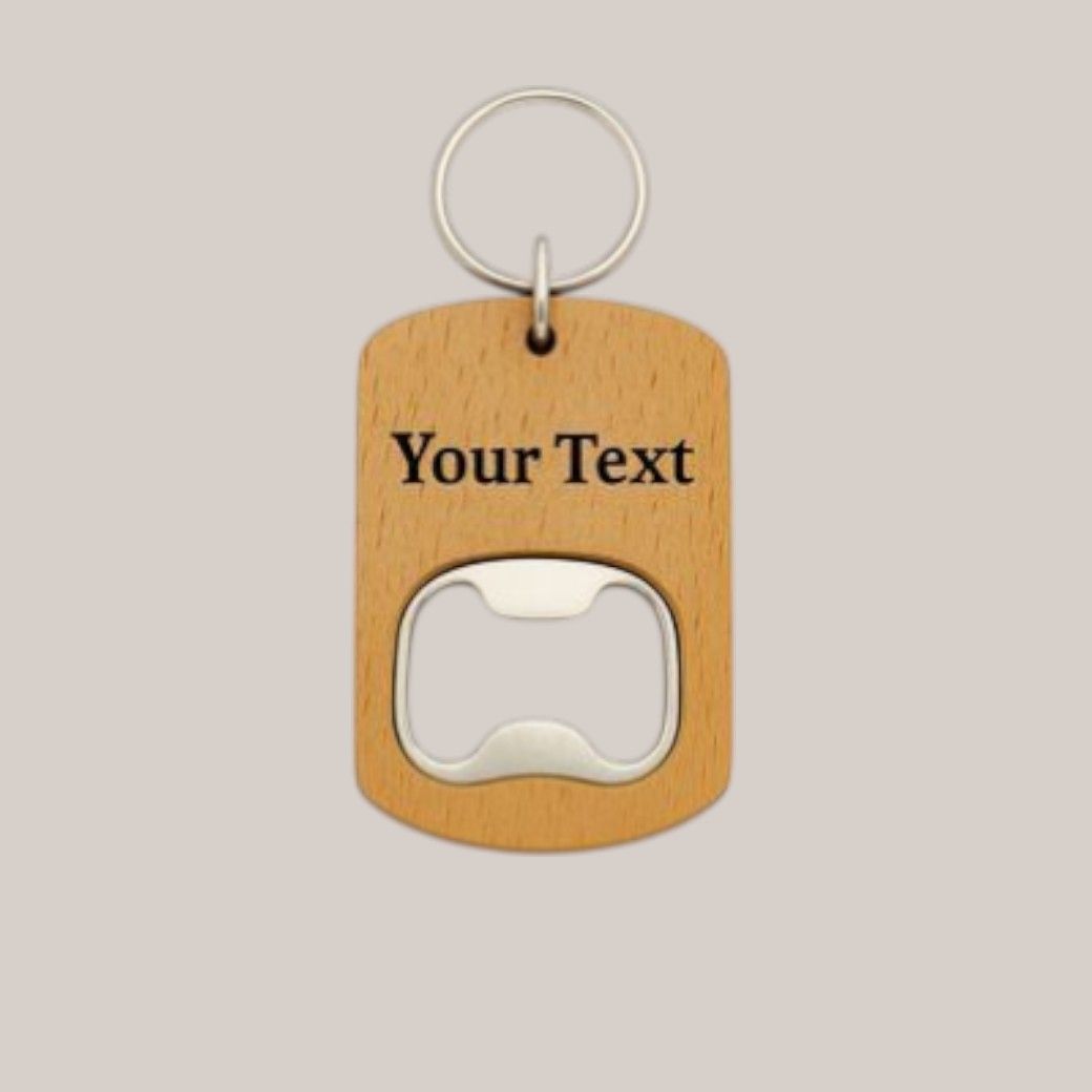 Engraved wooden bottle opener keyring with custom text on a compact wood block design double sided engraving