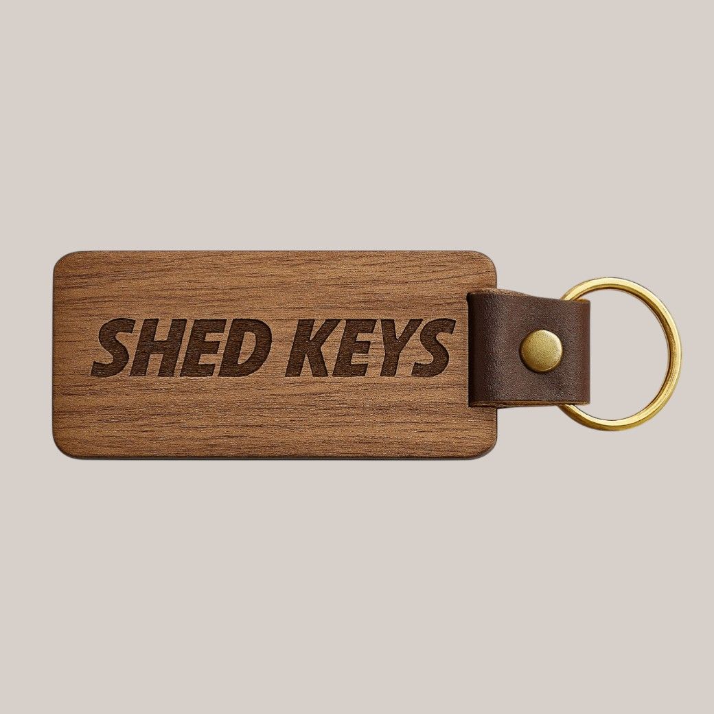 Personalised laser engraved walnut wooden keyring with leather strap and brass ring, custom text gift made to order.