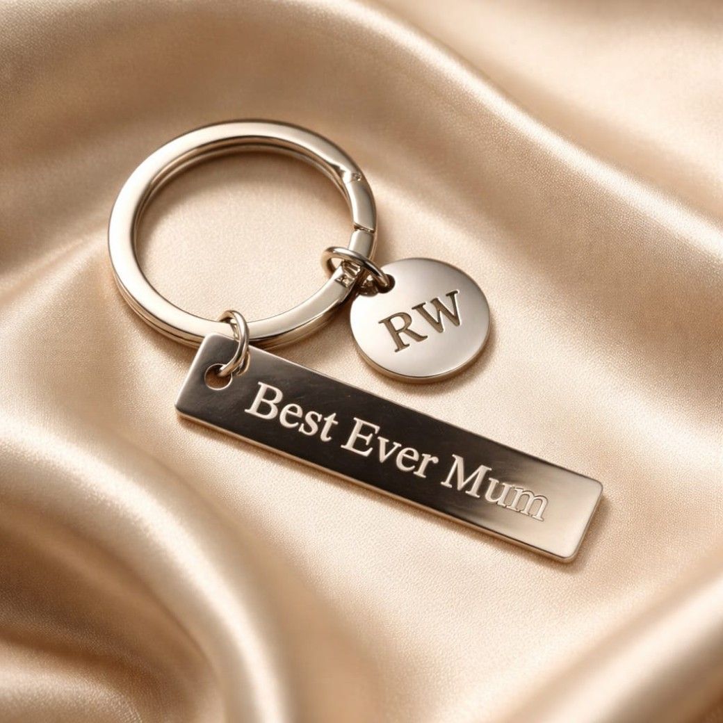 Custom initials keyring with personalised charm, perfect for gifts, bags, and everyday key use.