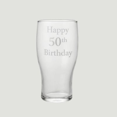Personalised pint glass with engraved logo or custom text on clear glass surface