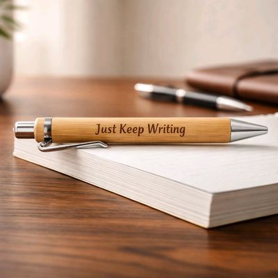   
Personalised wooden pen engraved with “Just Keep Writing” in dark brown lettering on the barrel.