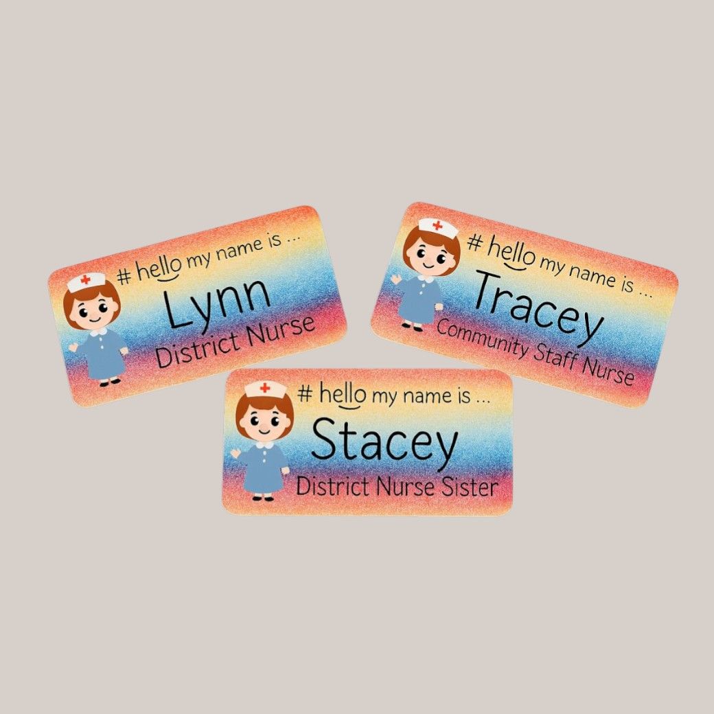 Personalised name badge with rainbow background and cartoon nurse illustration, custom name and profession.