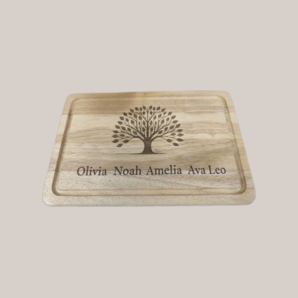 Personalised laser engraved wooden chopping board with custom artwork, family tree or photo upload, made to order.