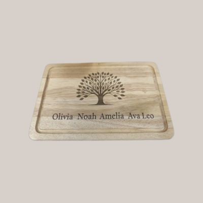 Personalised laser engraved wooden chopping board with custom artwork, family tree or photo upload, made to order.