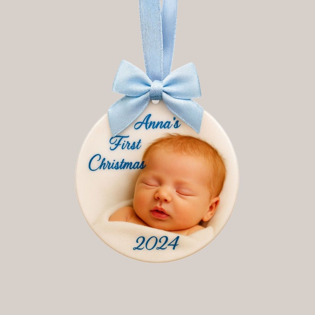 Personalised Ceramic Photo Hanging Ornament – Any Occasion Any Photo Custom ceramic hanging ornament featuring your uploaded photo and optional text, finished with a colour‑matched satin ribbon.