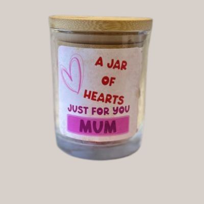 Personalised jar of hearts wax melt gift in a glass jar with bamboo lid, featuring scented wax melt hearts and a custom print