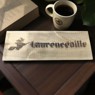 Personalised wooden hanging sign with custom laser engraving, rustic natural wood plaque with rope, 45×15×2cm.

