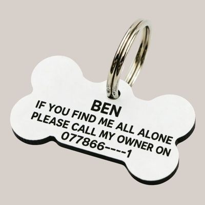🔩 Personalised Engraved Pet Key Ring (Pet ID / Key Ring Charm) Personalised dog bone pet ID tag engraved in aluminium with name and contact details