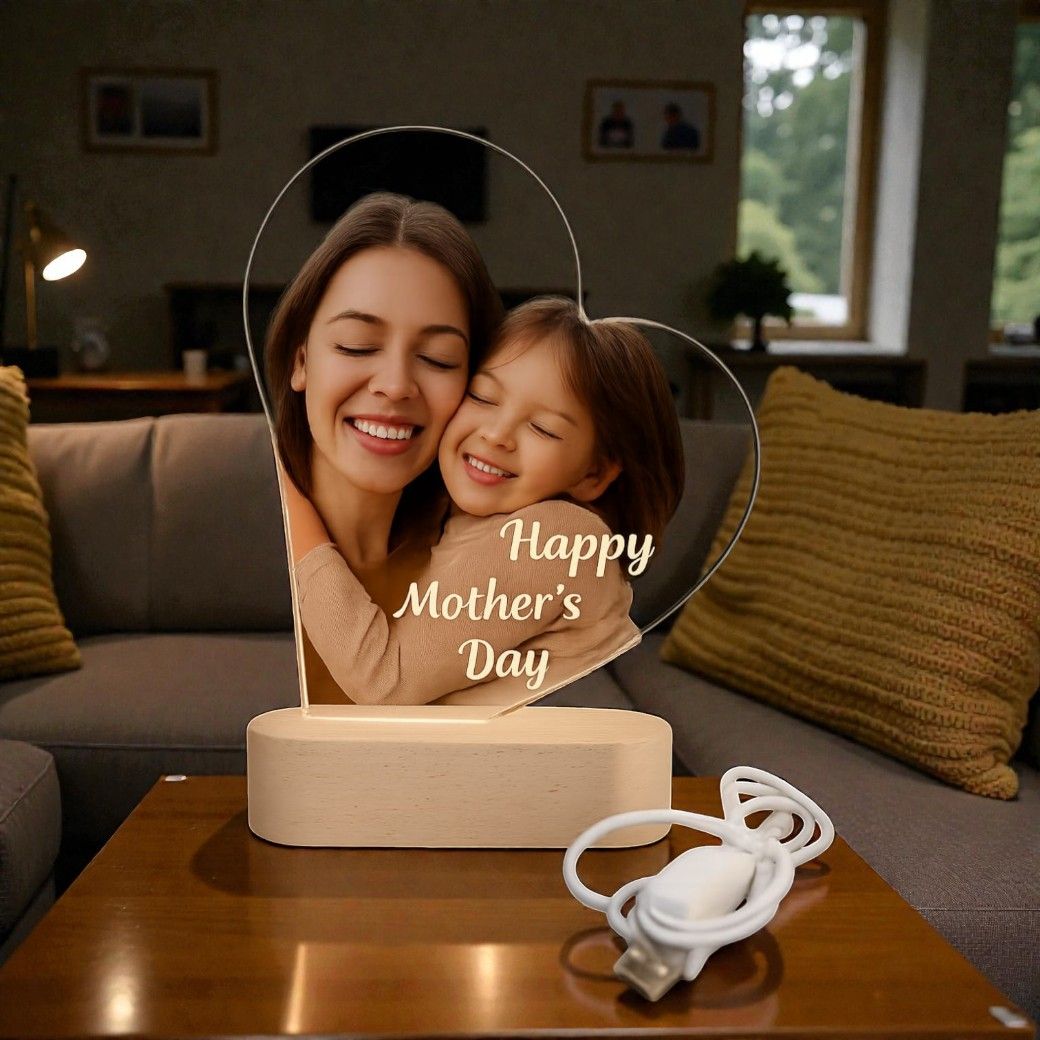 Custom light‑up acrylic photo frame featuring your printed picture, perfect Mother’s Day gift for Mum or Grandma.