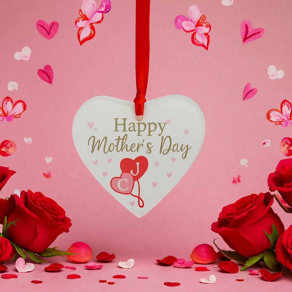 Personalised glass hanging heart with custom text, polished edges, and ribbon, designed as a meaningful Mother’s Day keepsake