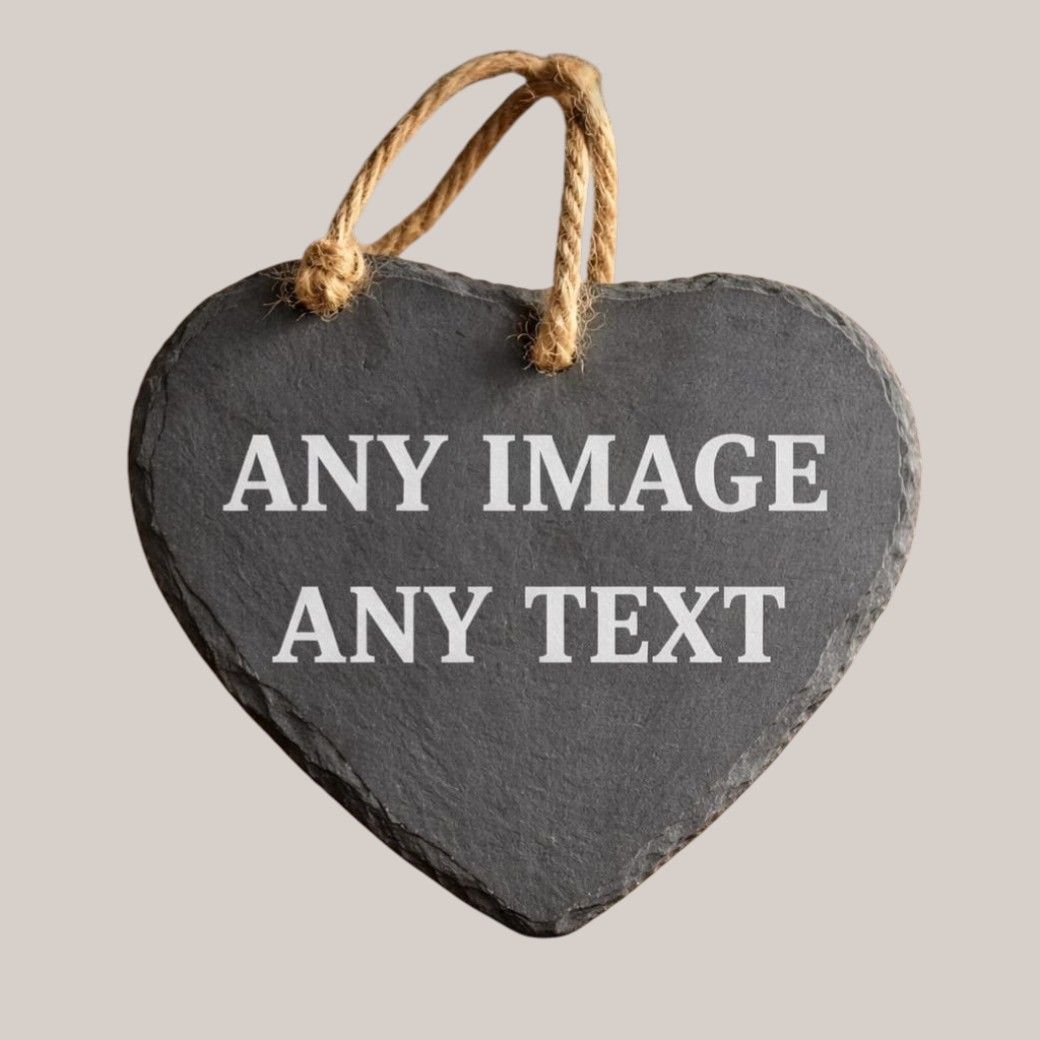 Personalised hanging heart slate engraved with custom photo and text made from natural Welsh slate with rustic rope.